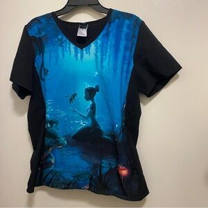 Disney Tooniforms Princess Tiana Womens Scrub Top M 38” Black Blue Full Graphic